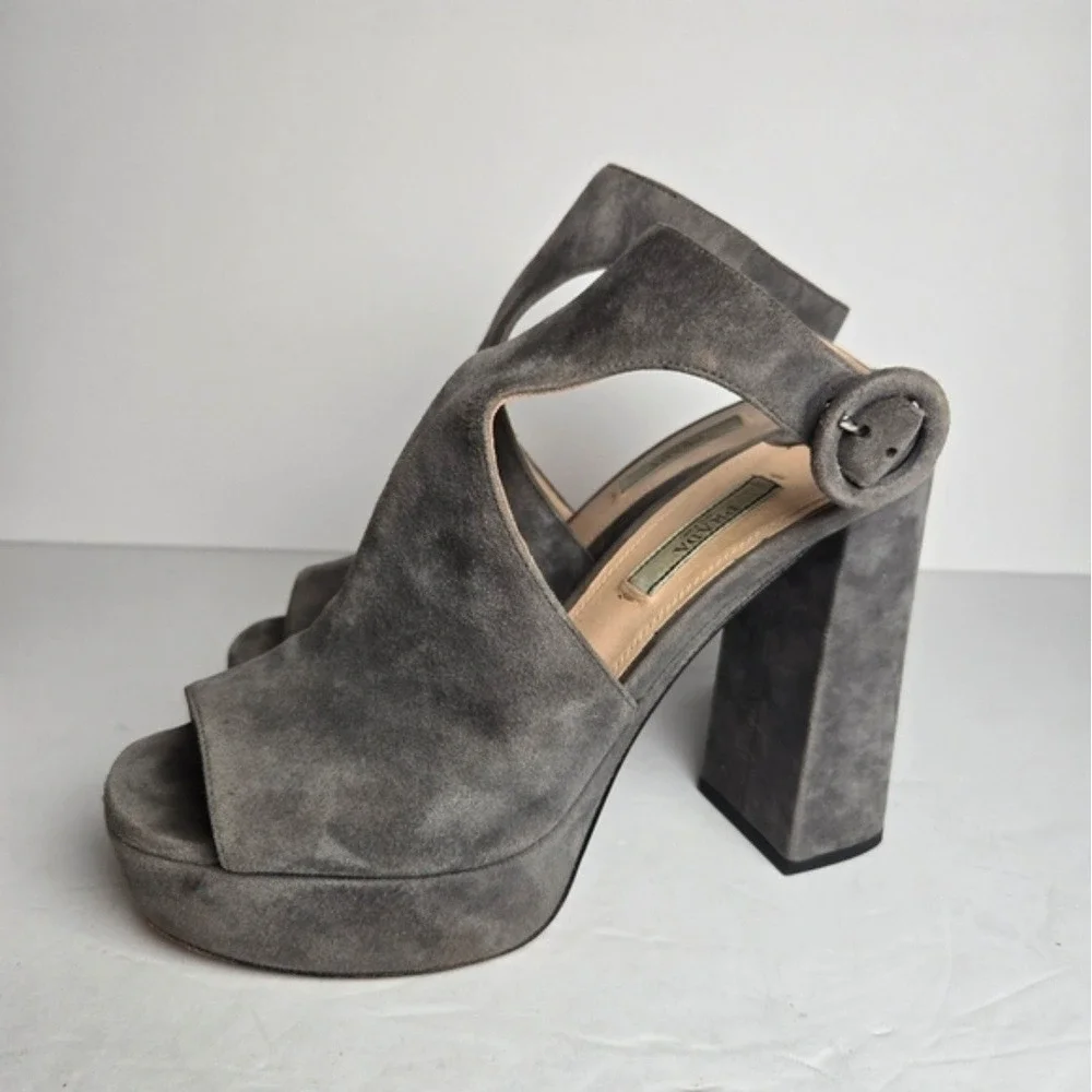 Prada Women's 6.5 Gray Suede Slingback Leather Chunky Heel Platform Sandal Heels